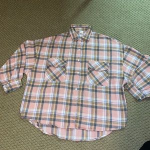 Pink coral plaid sweater jacket collared shirt